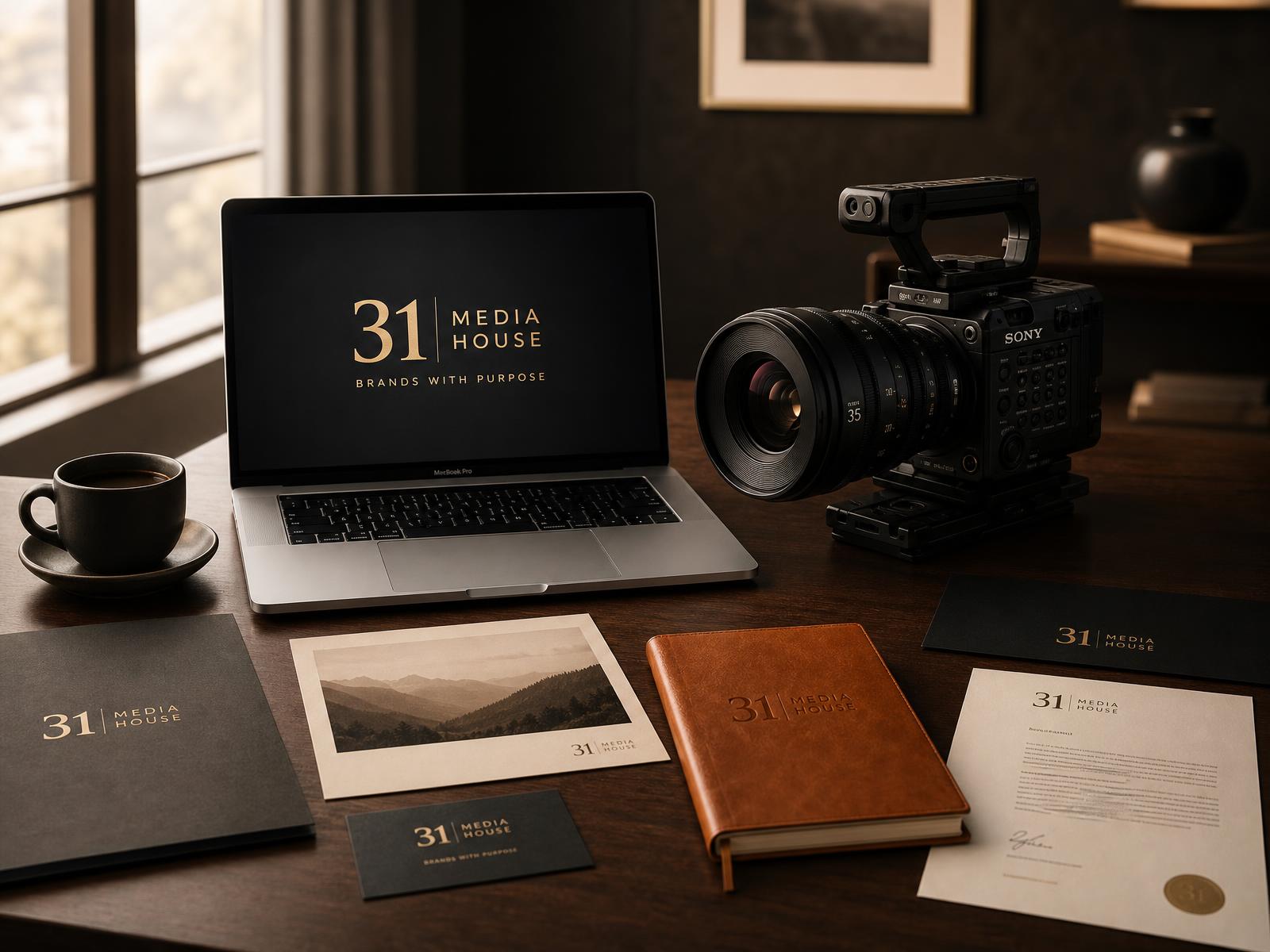 A quiet studio scene: brand identity work, printed collateral, and a cinema camera