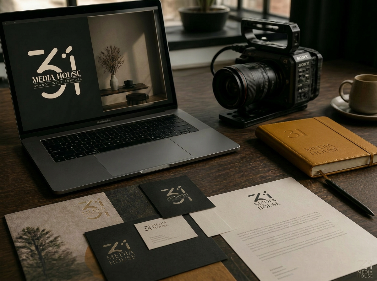 A quiet studio scene: brand identity work, printed collateral, and a cinema camera